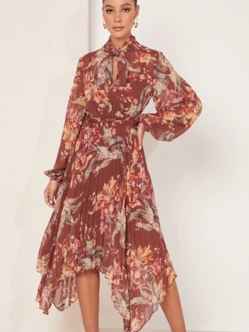 KEEPSAKE the Label Rust Floral Tie-Neck Maxi Dress